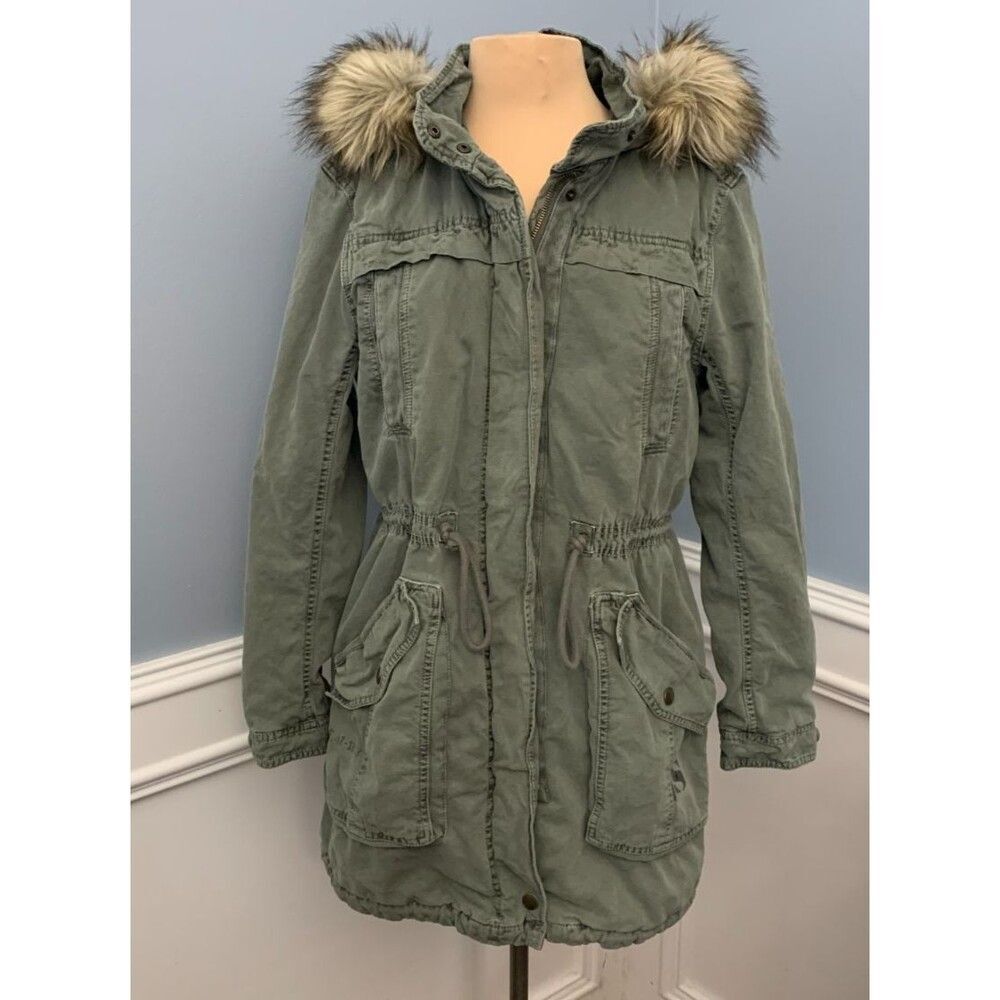 American Eagle Coat Womens M Barn Chore Military Hooded Anorak Parka Faux Fur